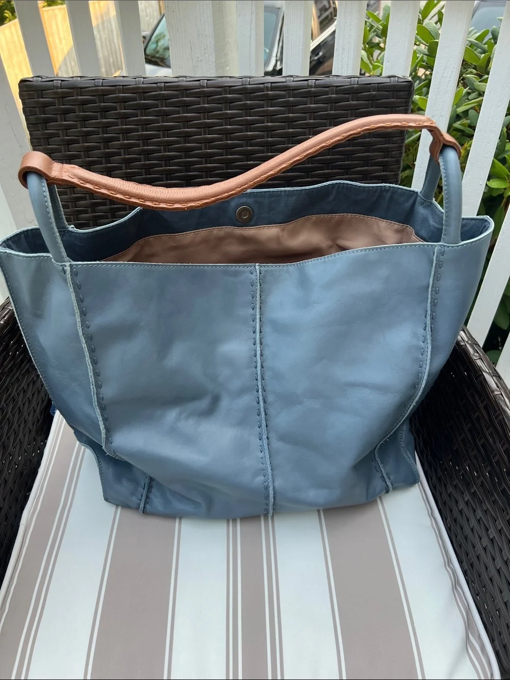 The Sak Two-Tone Blue Leather Tote with Tan Strap